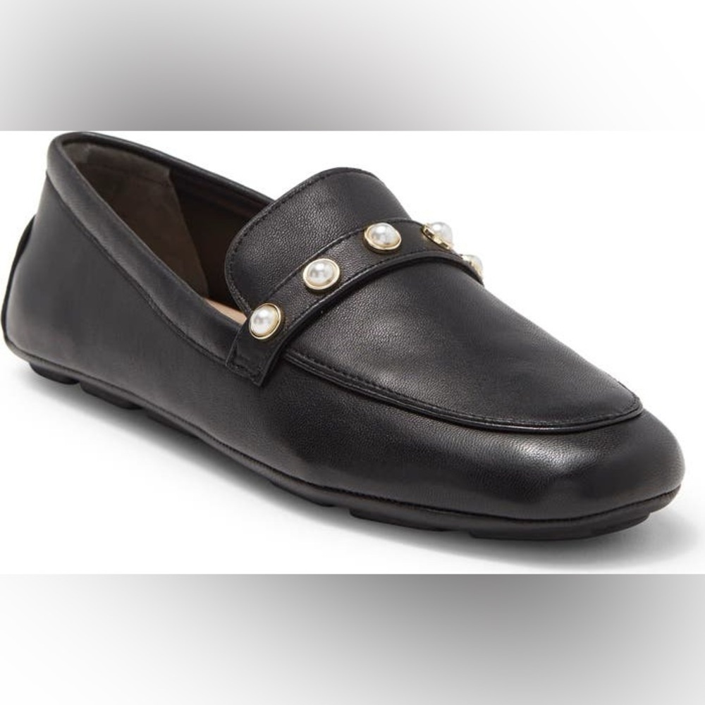 Stuart Weitzman Allpearls Imitation Pearl Driving Loafer Black Leather Sz 8.5